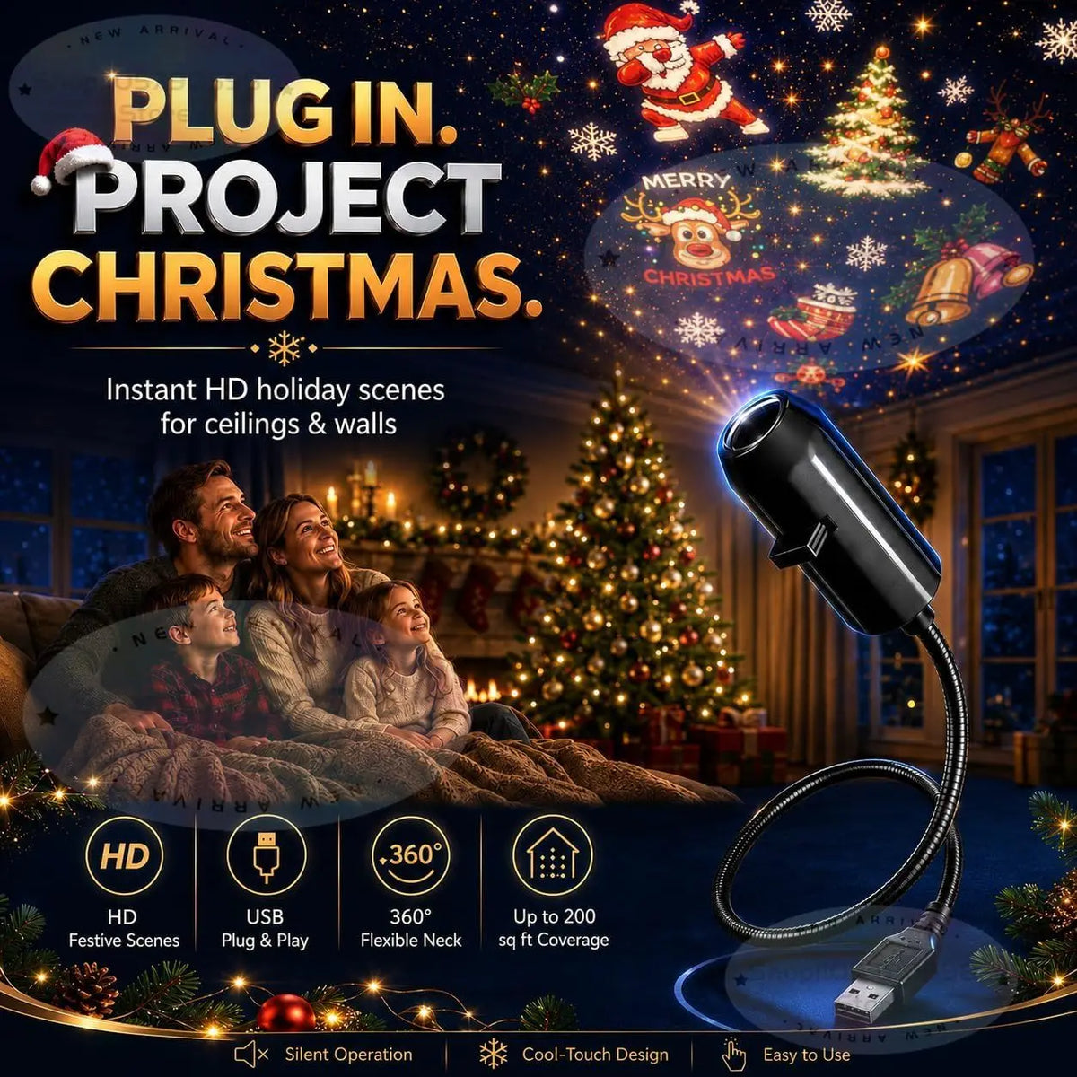 Velora Aura™ Christmas Projector Light – HD Holiday Night Light with 6+ Festive Patterns, USB Powered