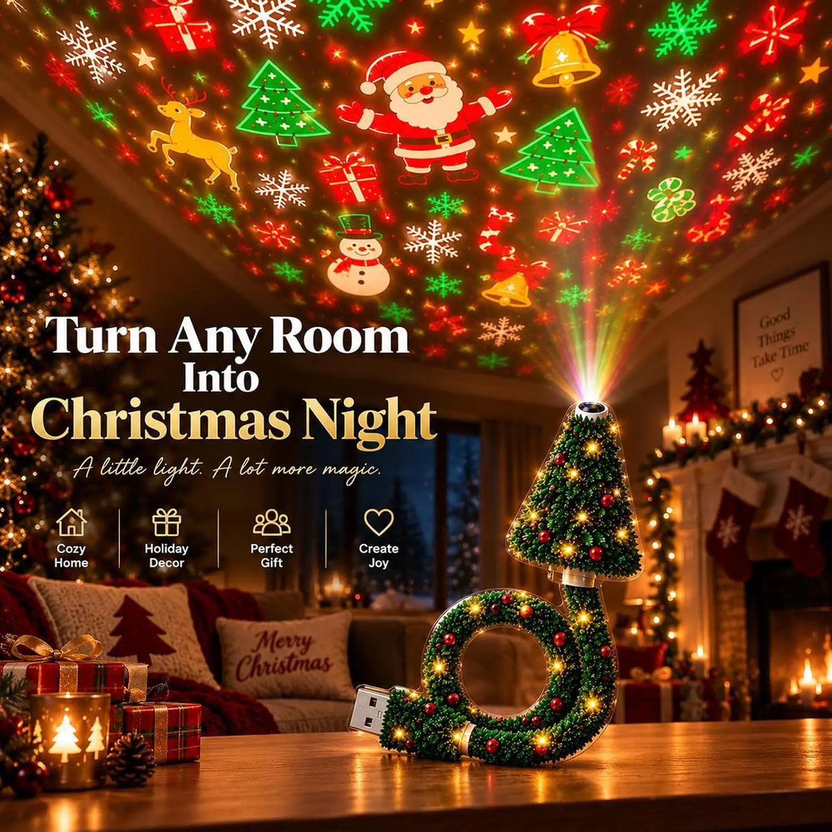 Velora Aura™ Christmas Projector Light – HD Holiday Night Light with 6+ Festive Patterns, USB Powered