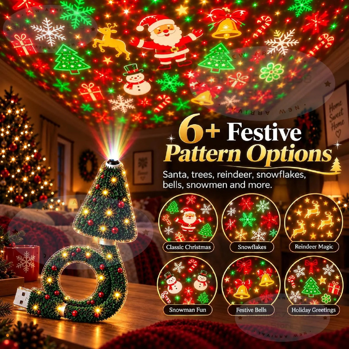 Velora Aura™ Christmas Projector Light – HD Holiday Night Light with 6+ Festive Patterns, USB Powered
