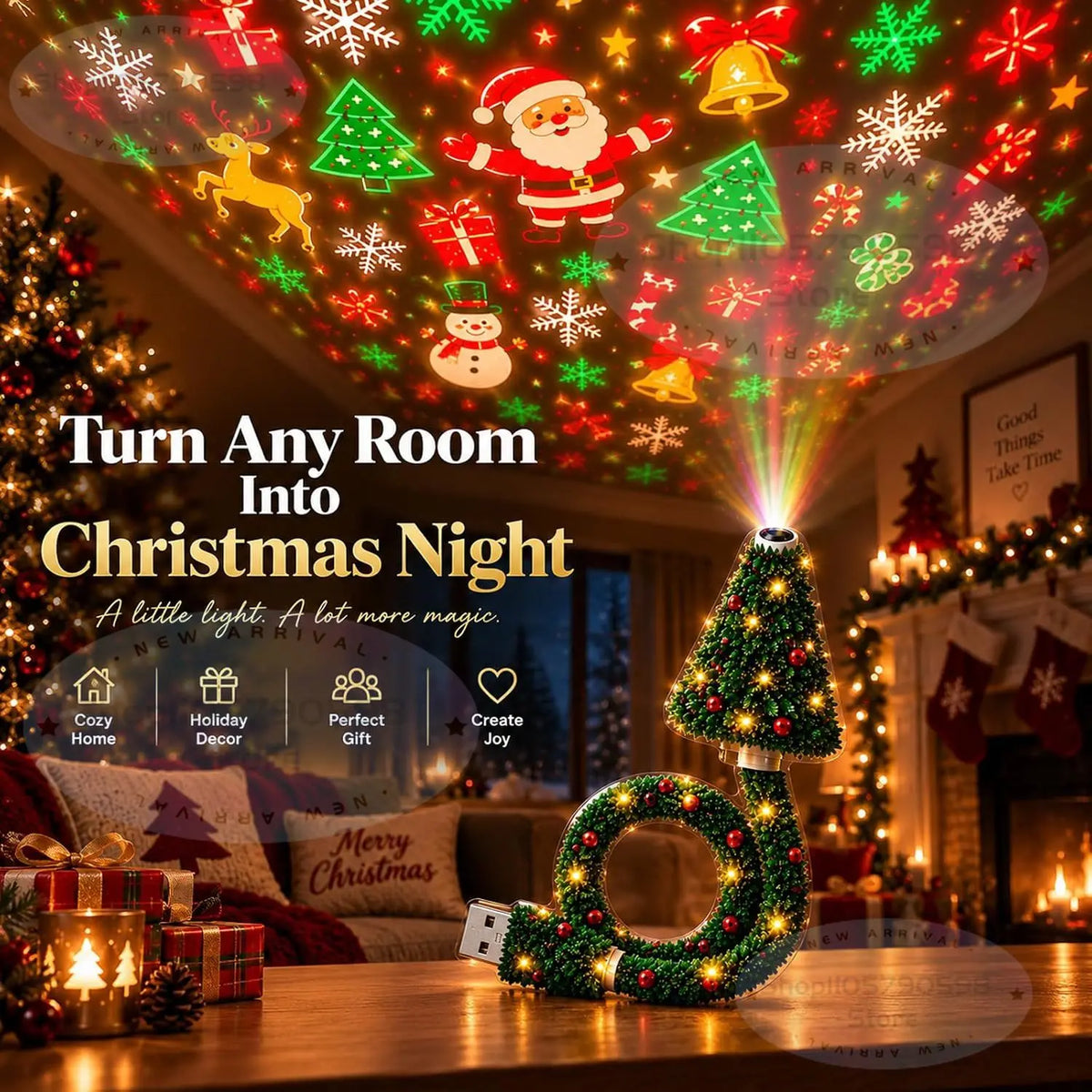 Velora Aura™ Christmas Projector Light – HD Holiday Night Light with 6+ Festive Patterns, USB Powered